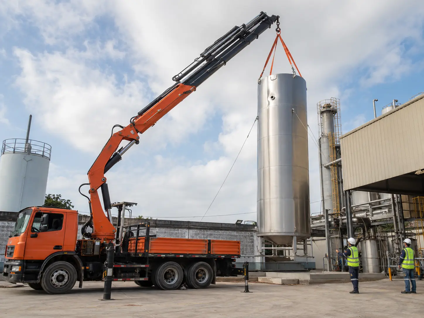 Caminhão munck realizando instalação de silo industrial